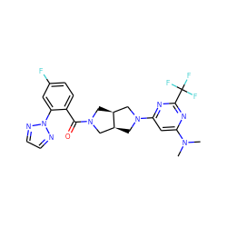 CN(C)c1cc(N2C[C@H]3CN(C(=O)c4ccc(F)cc4-n4nccn4)C[C@H]3C2)nc(C(F)(F)F)n1 ZINC000116821906