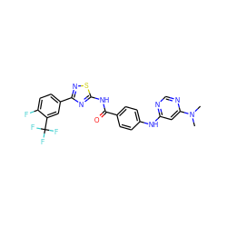 CN(C)c1cc(Nc2ccc(C(=O)Nc3nc(-c4ccc(F)c(C(F)(F)F)c4)ns3)cc2)ncn1 ZINC000028953247