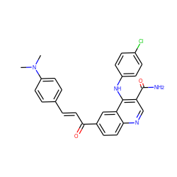 CN(C)c1ccc(/C=C/C(=O)c2ccc3ncc(C(N)=O)c(Nc4ccc(Cl)cc4)c3c2)cc1 ZINC000473122633