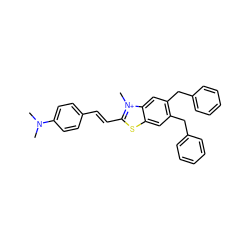 CN(C)c1ccc(/C=C/c2sc3cc(Cc4ccccc4)c(Cc4ccccc4)cc3[n+]2C)cc1 ZINC000082157194