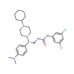 CN(C)c1ccc([C@@H](CNC(=O)Nc2cc(Cl)cc(Cl)c2)N2CCN(C3CCCCC3)CC2)cc1 ZINC000028520436