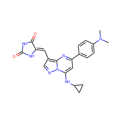 CN(C)c1ccc(-c2cc(NC3CC3)n3ncc(/C=C4\NC(=O)NC4=O)c3n2)cc1 ZINC000167459767