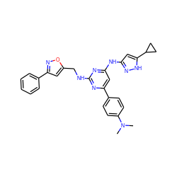 CN(C)c1ccc(-c2cc(Nc3cc(C4CC4)[nH]n3)nc(NCc3cc(-c4ccccc4)no3)n2)cc1 ZINC000203003436