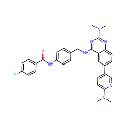 CN(C)c1ccc(-c2ccc3nc(N(C)C)nc(NCc4ccc(NC(=O)c5ccc(F)cc5)cc4)c3c2)cn1 ZINC000141765415