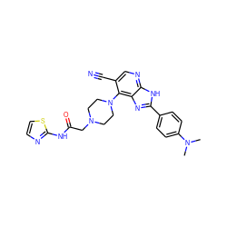 CN(C)c1ccc(-c2nc3c(N4CCN(CC(=O)Nc5nccs5)CC4)c(C#N)cnc3[nH]2)cc1 ZINC000049113223