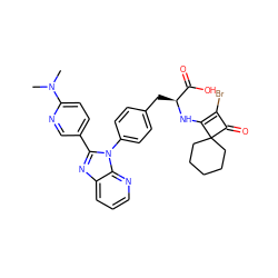 CN(C)c1ccc(-c2nc3cccnc3n2-c2ccc(C[C@H](NC3=C(Br)C(=O)C34CCCCC4)C(=O)O)cc2)cn1 ZINC000100077378