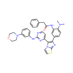 CN(C)c1ccc(-c2nc3sccn3c2-c2ccnc(Nc3cccc(N4CCOCC4)c3)n2)cc1NC(=O)Cc1ccccc1 ZINC000063539899