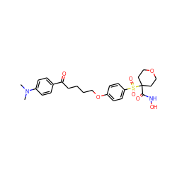 CN(C)c1ccc(C(=O)CCCCOc2ccc(S(=O)(=O)C3(C(=O)NO)CCOCC3)cc2)cc1 ZINC000034251615