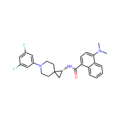 CN(C)c1ccc(C(=O)N[C@@H]2CC23CCN(c2cc(F)cc(F)c2)CC3)c2ccccc12 ZINC000095578278