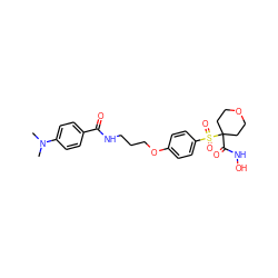 CN(C)c1ccc(C(=O)NCCCOc2ccc(S(=O)(=O)C3(C(=O)NO)CCOCC3)cc2)cc1 ZINC000071410474