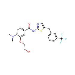 CN(C)c1ccc(C(=O)Nc2ncc(Cc3cccc(C(F)(F)F)c3)s2)cc1OCCO ZINC000043069893