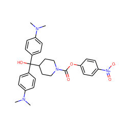 CN(C)c1ccc(C(O)(c2ccc(N(C)C)cc2)C2CCN(C(=O)Oc3ccc([N+](=O)[O-])cc3)CC2)cc1 ZINC000049766916