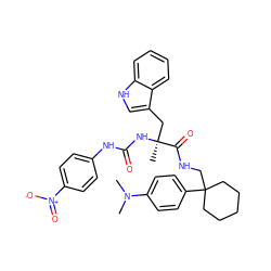 CN(C)c1ccc(C2(CNC(=O)[C@](C)(Cc3c[nH]c4ccccc34)NC(=O)Nc3ccc([N+](=O)[O-])cc3)CCCCC2)cc1 ZINC000026577308