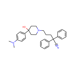 CN(C)c1ccc(C2(O)CCN(CCCC(C#N)(c3ccccc3)c3ccccc3)CC2)cc1 ZINC000013802050