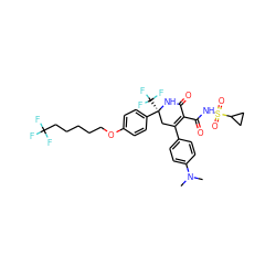 CN(C)c1ccc(C2=C(C(=O)NS(=O)(=O)C3CC3)C(=O)N[C@@](c3ccc(OCCCCCC(F)(F)F)cc3)(C(F)(F)F)C2)cc1 ZINC000221915044