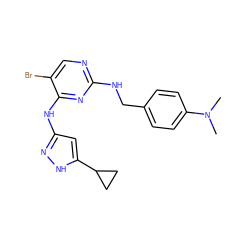 CN(C)c1ccc(CNc2ncc(Br)c(Nc3cc(C4CC4)[nH]n3)n2)cc1 ZINC000147937836