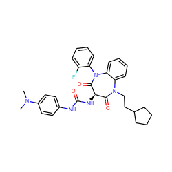 CN(C)c1ccc(NC(=O)N[C@@H]2C(=O)N(CCC3CCCC3)c3ccccc3N(c3ccccc3F)C2=O)cc1 ZINC000049748328