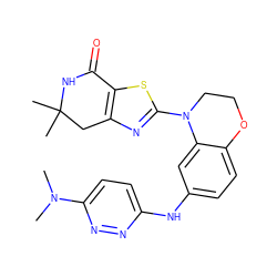 CN(C)c1ccc(Nc2ccc3c(c2)N(c2nc4c(s2)C(=O)NC(C)(C)C4)CCO3)nn1 ZINC000040423307