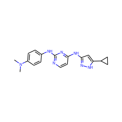 CN(C)c1ccc(Nc2nccc(Nc3cc(C4CC4)[nH]n3)n2)cc1 ZINC000203008388