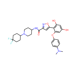 CN(C)c1ccc(Oc2cc(O)cc(O)c2-c2cc(C(=O)NC3CCN(C4CCC(F)(F)CC4)CC3)no2)cc1 ZINC000114331204