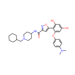 CN(C)c1ccc(Oc2cc(O)cc(O)c2-c2cc(C(=O)NC3CCN(CC4CCCCC4)CC3)no2)cc1 ZINC000114333643