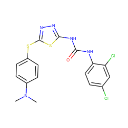 CN(C)c1ccc(Sc2nnc(NC(=O)Nc3ccc(Cl)cc3Cl)s2)cc1 ZINC000002977597