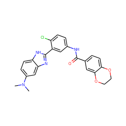 CN(C)c1ccc2[nH]c(-c3cc(NC(=O)c4ccc5c(c4)OCCO5)ccc3Cl)nc2c1 ZINC000040402675