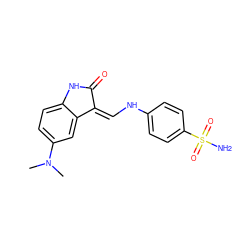 CN(C)c1ccc2c(c1)/C(=C/Nc1ccc(S(N)(=O)=O)cc1)C(=O)N2 ZINC000013470451