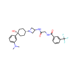 CN(C)c1cccc([C@]2(O)CC[C@@H](N3CC(NC(=O)CNC(=O)c4cccc(C(F)(F)F)c4)C3)CC2)c1 ZINC000101441492