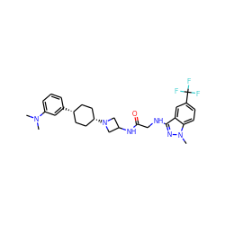 CN(C)c1cccc([C@H]2CC[C@@H](N3CC(NC(=O)CNc4nn(C)c5ccc(C(F)(F)F)cc45)C3)CC2)c1 ZINC000253806629