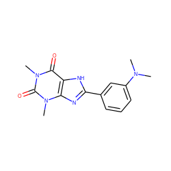 CN(C)c1cccc(-c2nc3c([nH]2)c(=O)n(C)c(=O)n3C)c1 ZINC000026017219