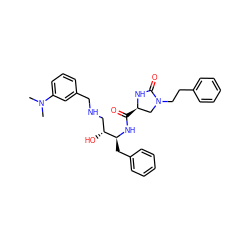 CN(C)c1cccc(CNC[C@@H](O)[C@H](Cc2ccccc2)NC(=O)[C@@H]2CN(CCc3ccccc3)C(=O)N2)c1 ZINC000029049353