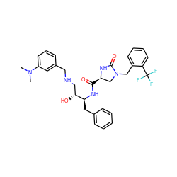 CN(C)c1cccc(CNC[C@@H](O)[C@H](Cc2ccccc2)NC(=O)[C@@H]2CN(Cc3ccccc3C(F)(F)F)C(=O)N2)c1 ZINC000029048499