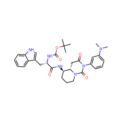 CN(C)c1cccc(N2C(=O)C[C@H]3[C@H](NC(=O)[C@H](Cc4c[nH]c5ccccc45)NC(=O)OC(C)(C)C)CCCN3C2=O)c1 ZINC000026292567