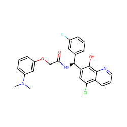 CN(C)c1cccc(OCC(=O)N[C@@H](c2cccc(F)c2)c2cc(Cl)c3cccnc3c2O)c1 ZINC000040919227