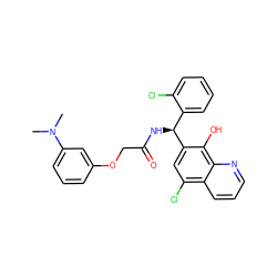 CN(C)c1cccc(OCC(=O)N[C@@H](c2ccccc2Cl)c2cc(Cl)c3cccnc3c2O)c1 ZINC000040913503