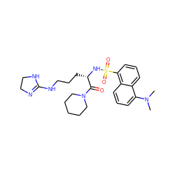 CN(C)c1cccc2c(S(=O)(=O)N[C@@H](CCCNC3=NCCN3)C(=O)N3CCCCC3)cccc12 ZINC000029568833