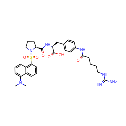 CN(C)c1cccc2c(S(=O)(=O)N3CCC[C@H]3C(=O)N[C@@H](Cc3ccc(NC(=O)CCCCNC(=N)N)cc3)C(=O)O)cccc12 ZINC001772585719