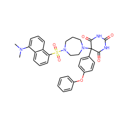 CN(C)c1cccc2c(S(=O)(=O)N3CCCN(C4(c5ccc(Oc6ccccc6)cc5)C(=O)NC(=O)NC4=O)CC3)cccc12 ZINC000072108200