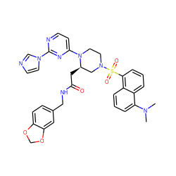 CN(C)c1cccc2c(S(=O)(=O)N3CCN(c4ccnc(-n5ccnc5)n4)[C@H](CC(=O)NCc4ccc5c(c4)OCO5)C3)cccc12 ZINC000049942599