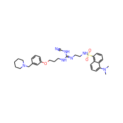 CN(C)c1cccc2c(S(=O)(=O)NCC/N=C(\NC#N)NCCCOc3cccc(CN4CCCCC4)c3)cccc12 ZINC000029414906