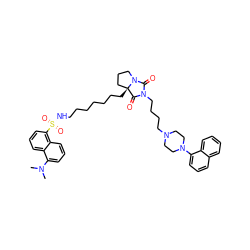 CN(C)c1cccc2c(S(=O)(=O)NCCCCCCC[C@@]34CCCN3C(=O)N(CCCCN3CCN(c5cccc6ccccc56)CC3)C4=O)cccc12 ZINC000072128772