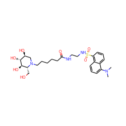 CN(C)c1cccc2c(S(=O)(=O)NCCNC(=O)CCCCCN3C[C@H](O)[C@@H](O)[C@H](O)[C@H]3CO)cccc12 ZINC000036184819