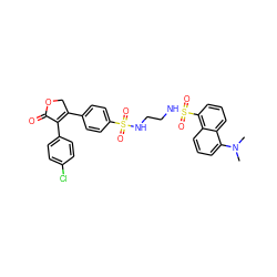 CN(C)c1cccc2c(S(=O)(=O)NCCNS(=O)(=O)c3ccc(C4=C(c5ccc(Cl)cc5)C(=O)OC4)cc3)cccc12 ZINC000095593299