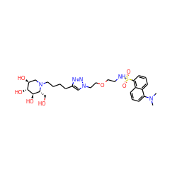 CN(C)c1cccc2c(S(=O)(=O)NCCOCCn3cc(CCCCN4C[C@H](O)[C@@H](O)[C@H](O)[C@H]4CO)nn3)cccc12 ZINC001772576373