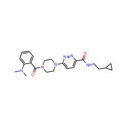 CN(C)c1ccccc1C(=O)N1CCN(c2ccc(C(=O)NCCC3CC3)nn2)CC1 ZINC000095593429