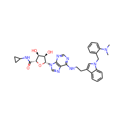 CN(C)c1ccccc1Cn1cc(CCNc2ncnc3c2ncn3[C@@H]2O[C@H](C(=O)NC3CC3)[C@@H](O)[C@H]2O)c2ccccc21 ZINC000012405757