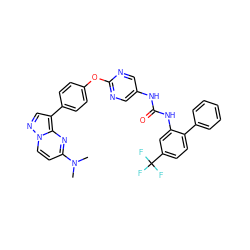 CN(C)c1ccn2ncc(-c3ccc(Oc4ncc(NC(=O)Nc5cc(C(F)(F)F)ccc5-c5ccccc5)cn4)cc3)c2n1 ZINC000223418146