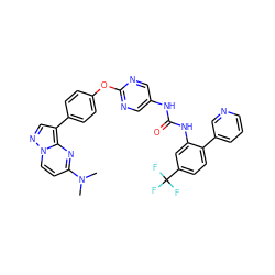 CN(C)c1ccn2ncc(-c3ccc(Oc4ncc(NC(=O)Nc5cc(C(F)(F)F)ccc5-c5cccnc5)cn4)cc3)c2n1 ZINC000221217495