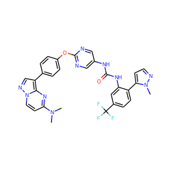 CN(C)c1ccn2ncc(-c3ccc(Oc4ncc(NC(=O)Nc5cc(C(F)(F)F)ccc5-c5ccnn5C)cn4)cc3)c2n1 ZINC000214532048